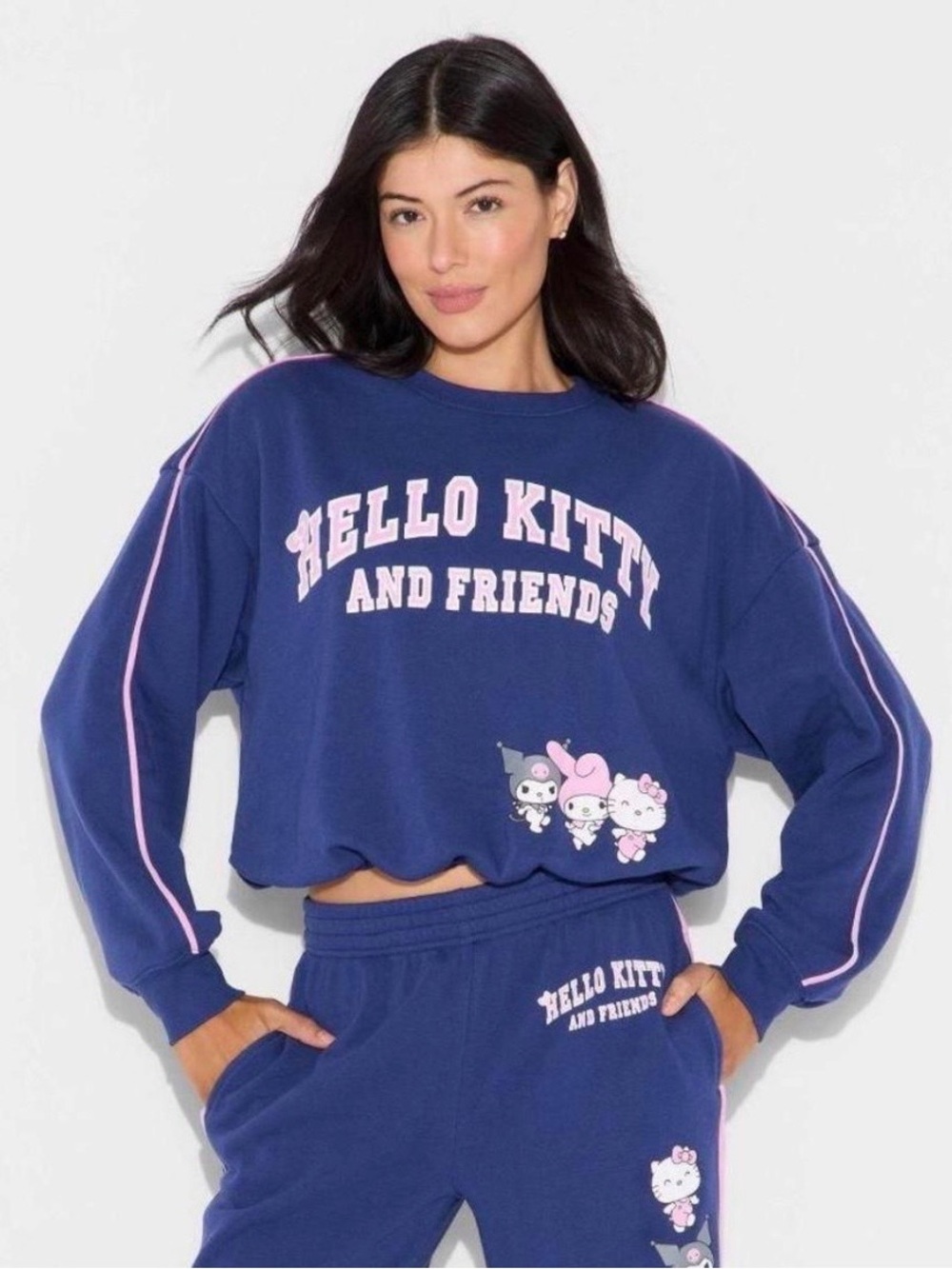 NWT Sanrio Hello Kitty & Friends Navy Blue Cropped Bubble Hem Sweatshirt Size M
